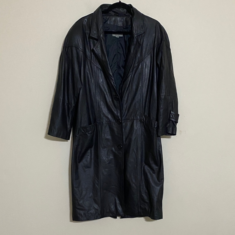 Vintage Black Leather pea Coat women M long casual event Y2K winter avant-garde